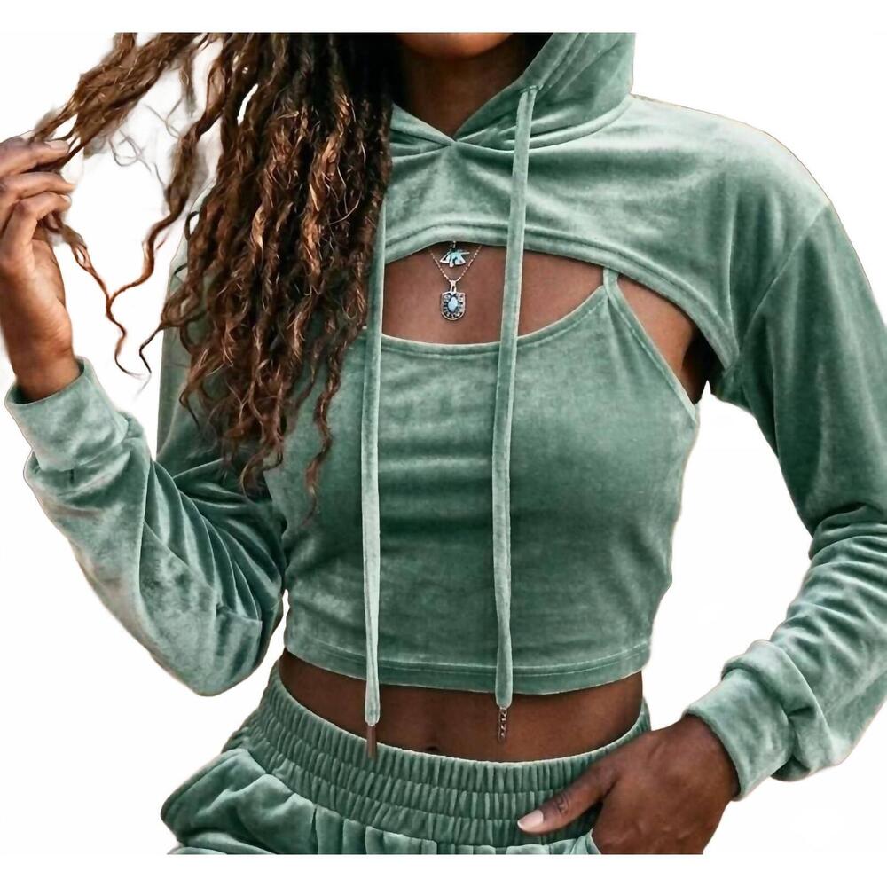 NEW SURELYMINE malibu vintage relaxed velvet cropped hoodie set in mint